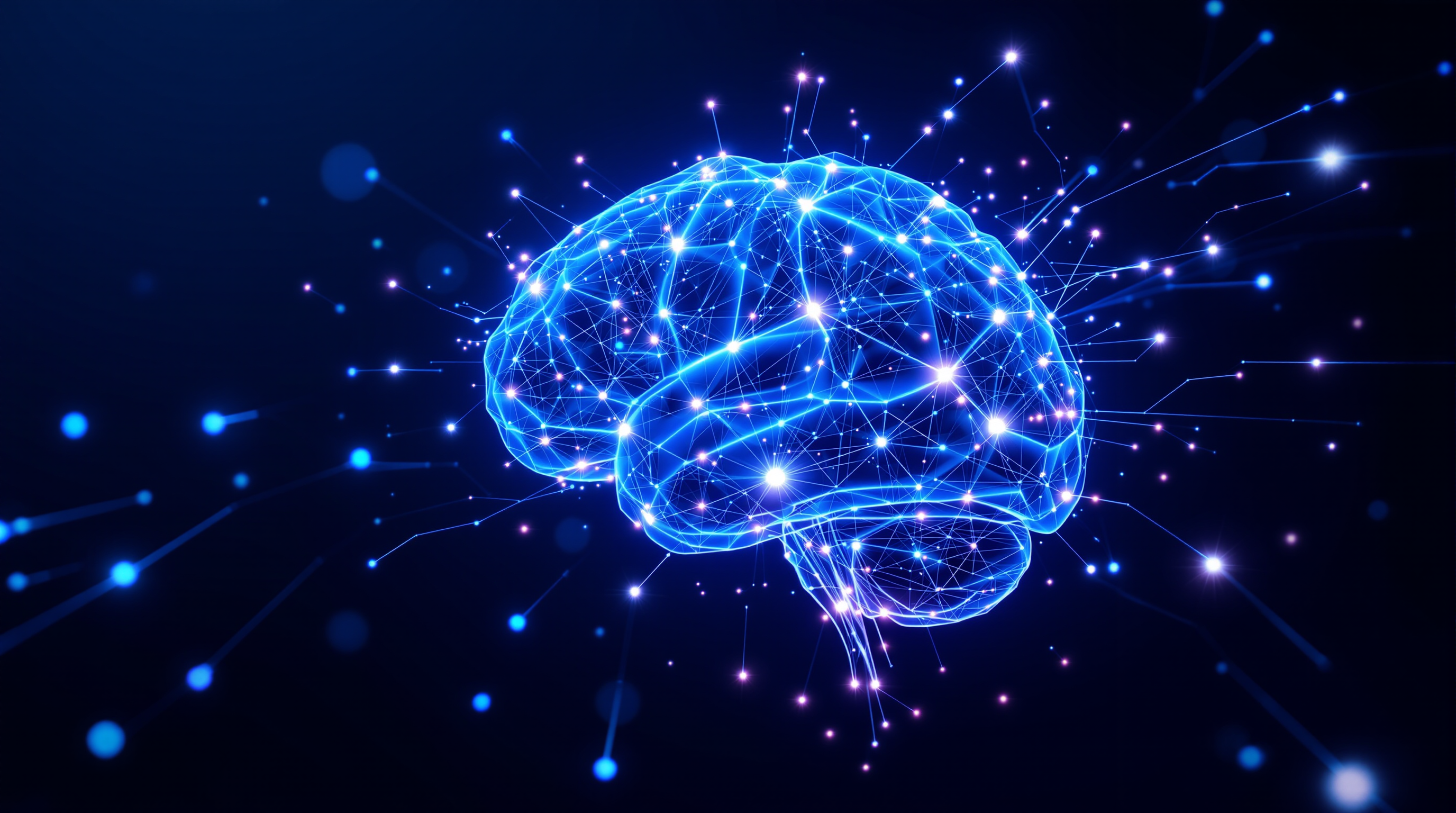 AI brain network with electric blue neural connections