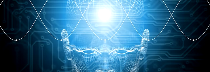 AI wireframe head with blue neural network connections