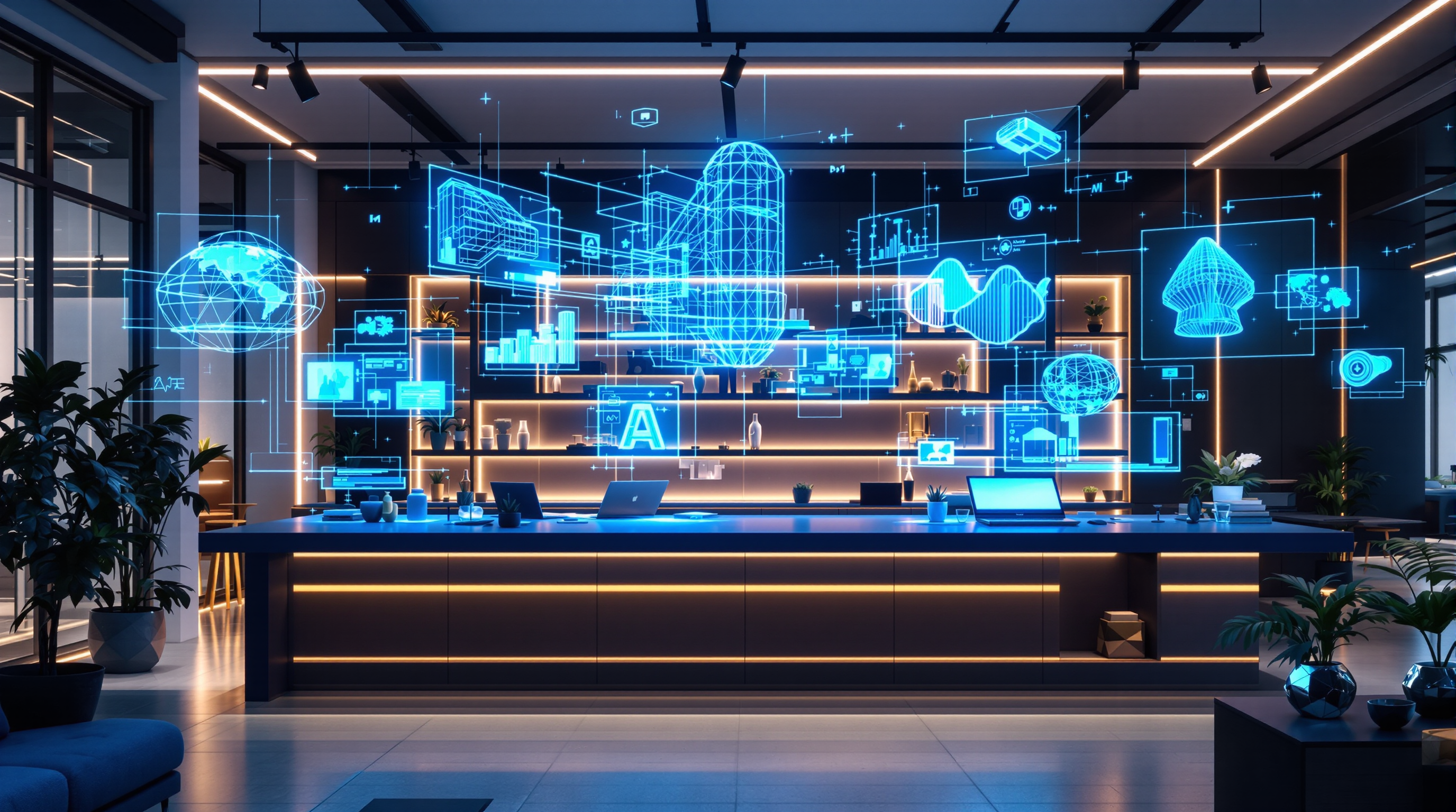 Modern design studio with AI-generated holographic displays