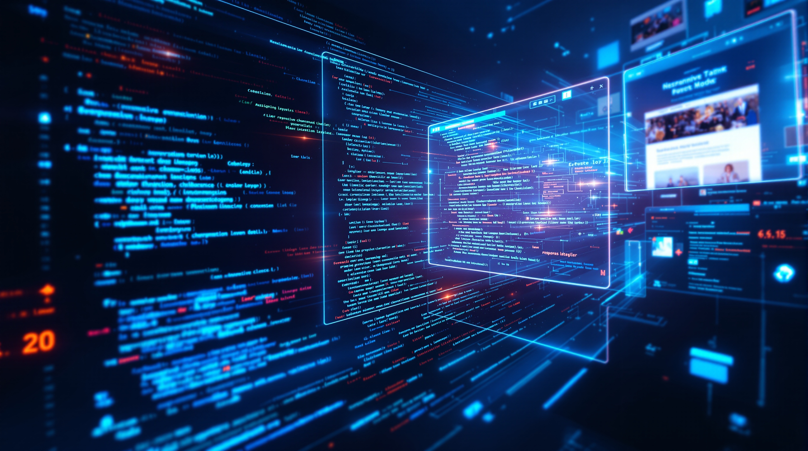 Web development interface showing code transforming into websites